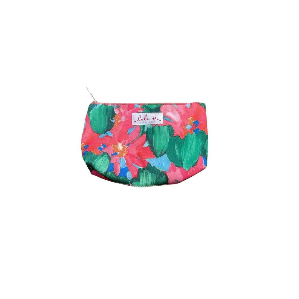 Clinique Lulu dk Pink Green Blue Multicolor Floral Fabric Makeup Bag with Zipper